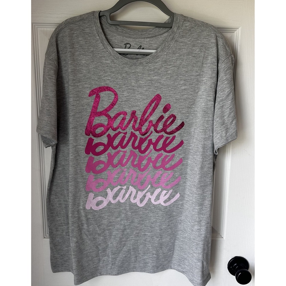 Barbie Ladies T-shirt Gray W/ Shades of Pink‎ & Glitter Sz Large Adult NWOT BxK